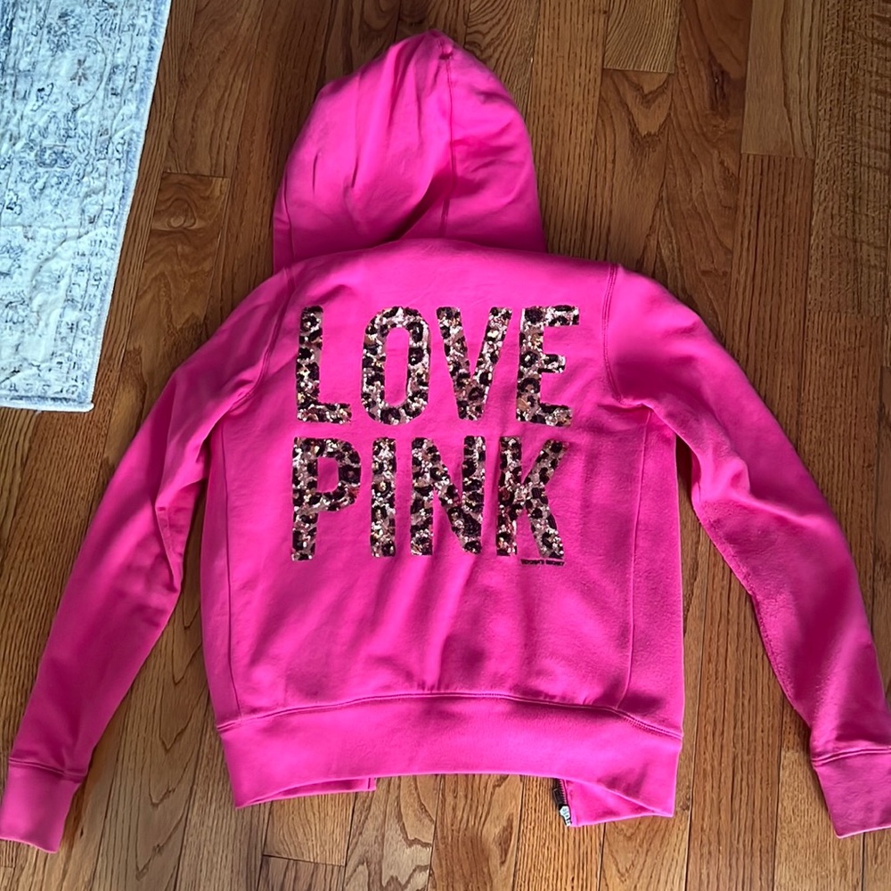 COPY - PINK Victorias Secret Sequin Faux Fur Zip up